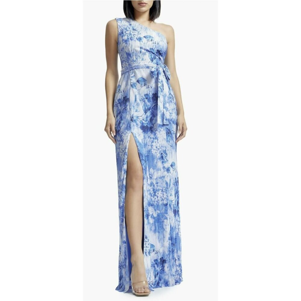 New Dress The Population Bella Floral Plissé One-Shoulder Maxi Dress Large